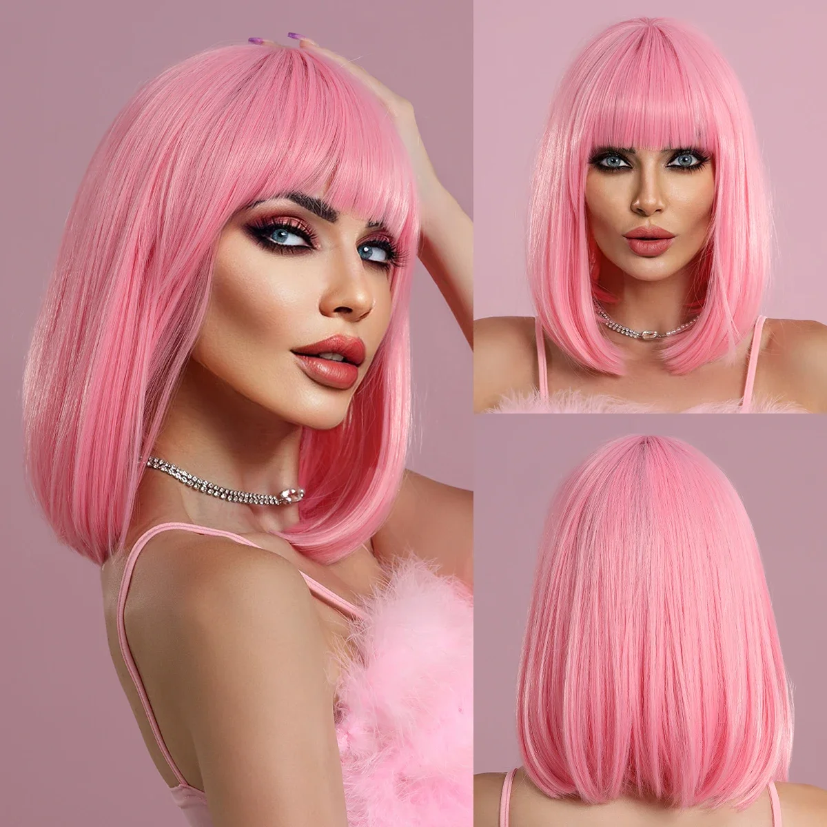 

NAMM Short Straight Pink Wig for Woman Daily Party Cosplay Lolita Wig Natural Synthetic Bob Wig with Bangs Heat Resistant Fiber