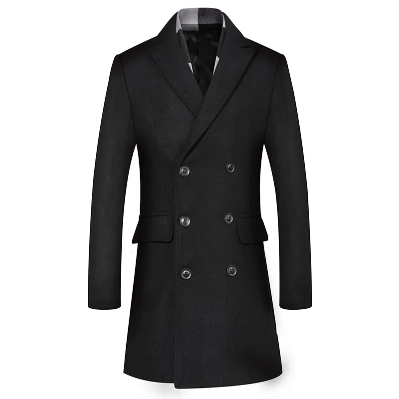 

Winter Wool Coat Men Double Breasted Overcoats British Style Trench coat Men Pea Coat Woolen Blends Jacket Without Scarf