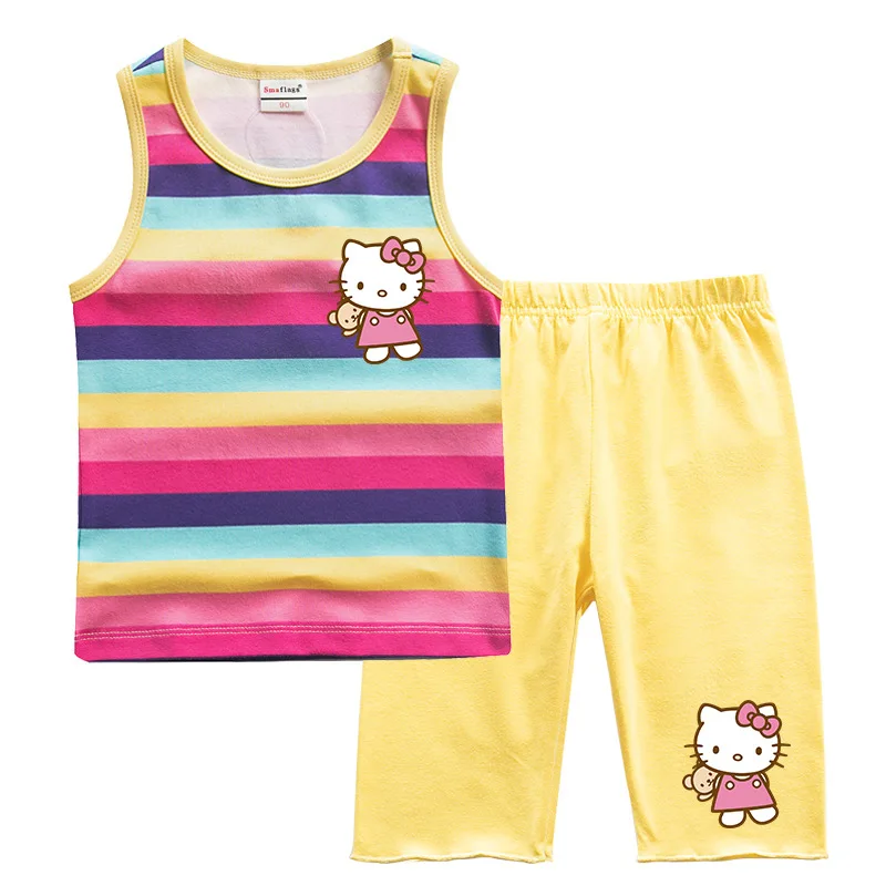 thumbnail image 1 of Hello Kitty-Chaleco a rayas de algodón para niñas, traje exterior informal para niños, cuello redondo sin mangas y pantalones cortos, conjunto de dos piezas, novedad de verano, 1 of 5