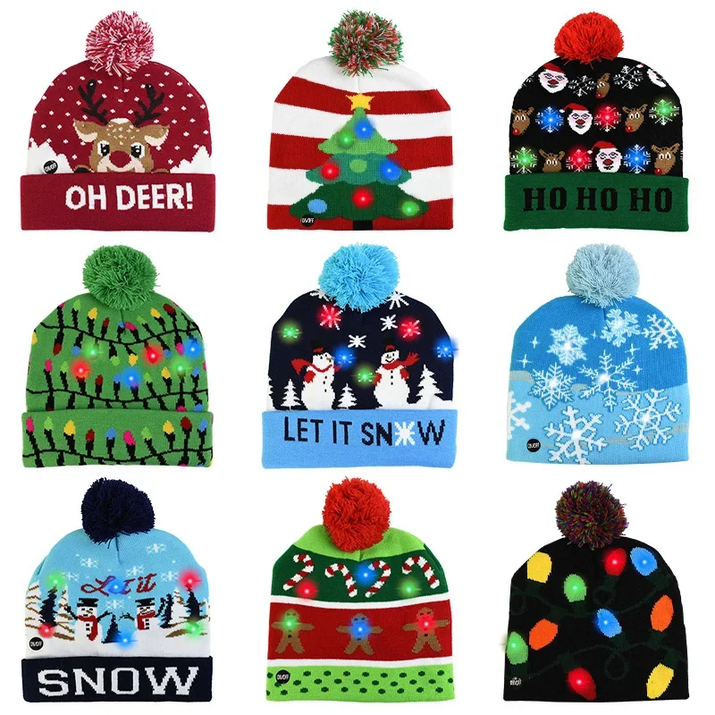 Christmas Hat with Led Light Knitted Beanie for Kids Xmas New Year