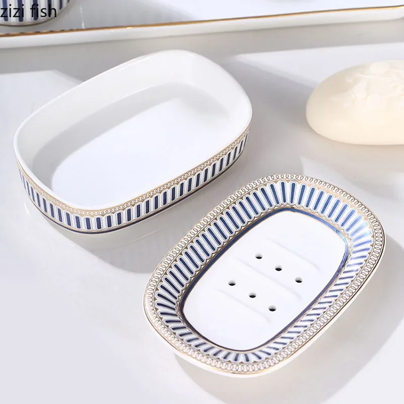 Blue and White Stripes Bathroom Decoration Accessories Ceramic Toothbrush Holder Portable Soap Dispenser Mouth Mug Bath Supplies