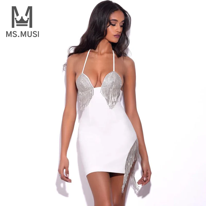 

MSMUSI 2023 New Fashion Women Sexy Halter Crystal Tassels Sleeveless Backless Bandage Party Club Bodycon Event Slit Mini Dress