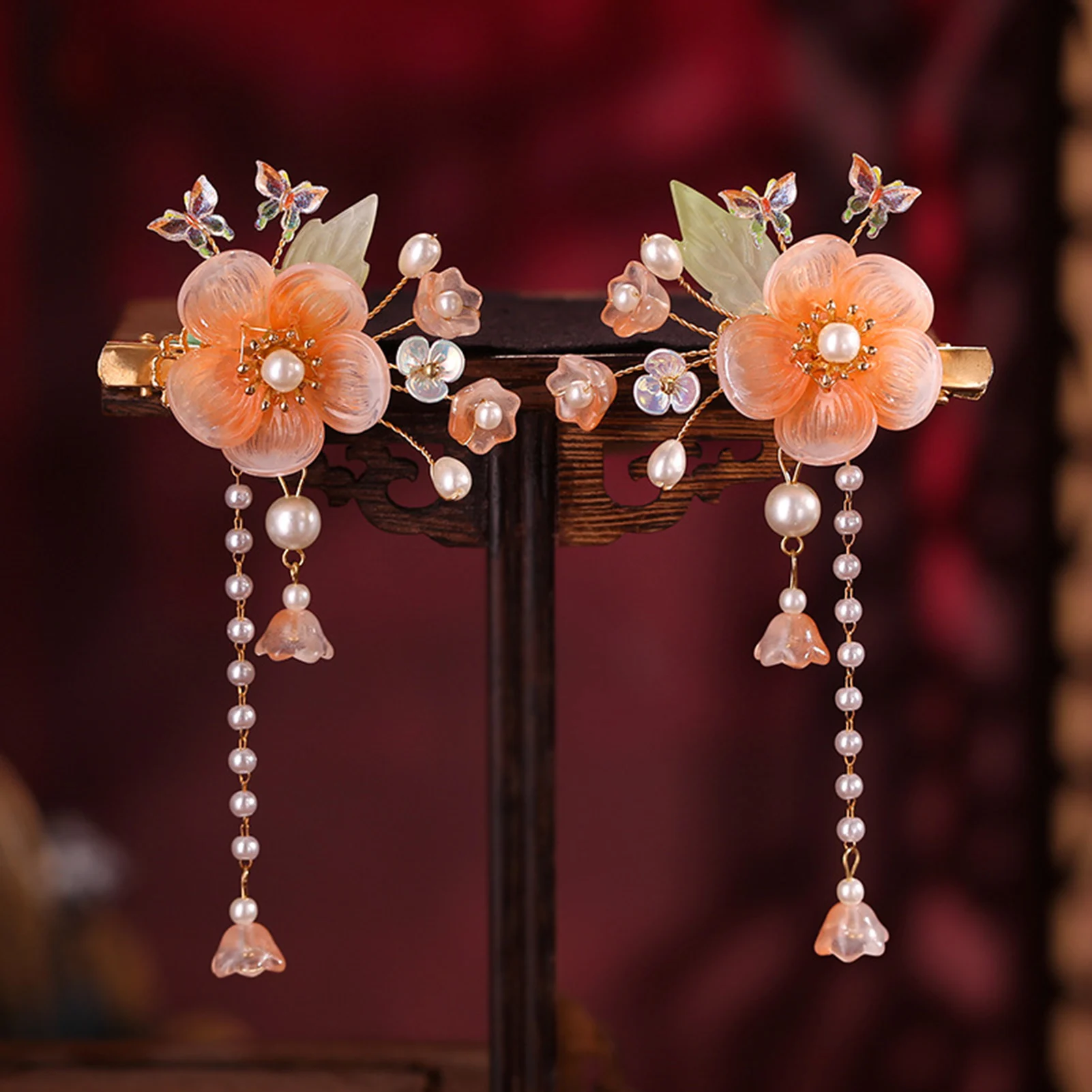 2 Stück Retro-Blumen-Haarspangen im chinesischen Stil, Glasblumen-Quasten-Haarspangen-Set, Hanfu-Cheongsam-Kleid-Schmuck, Haar-Accessoires – Detail 9