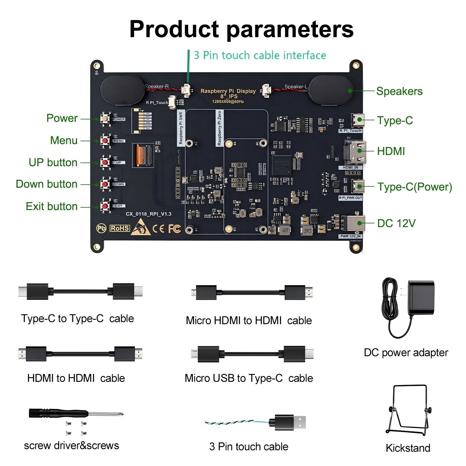 Monitor Touch IPS da 8 Pollici con Display 1280×800 per Raspberry Pi 5/4/3, Altoparlanti Integrati, HDMI Type-C - immagine 4