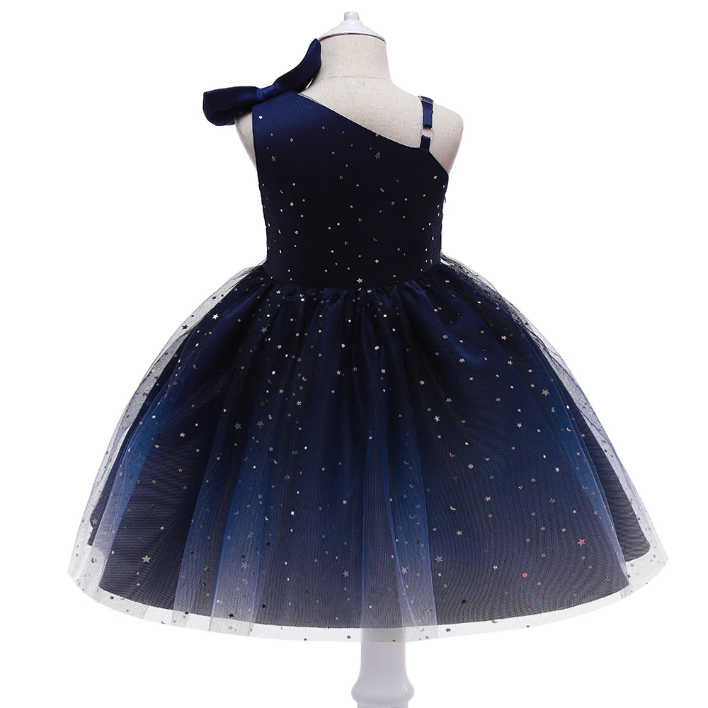 Flauschige Stern Pailletten schräge Schulter Mädchen Kleid elegante Prinzessin Party Hochzeit Brautjungfer Kleid Geburtstag Mädchen Kleidung Sommer Kleid – Detail 7