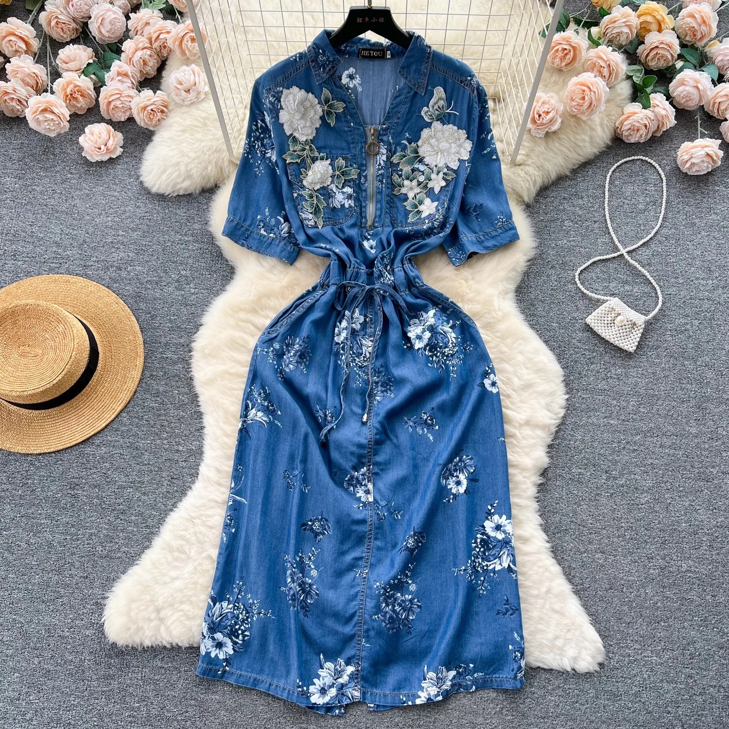 

2023 New Summer Soft Denim Print Flower Dress Elegant Women V Neck Half Sleeve Zipper Drawstring Waist Split Office Midi Vestido