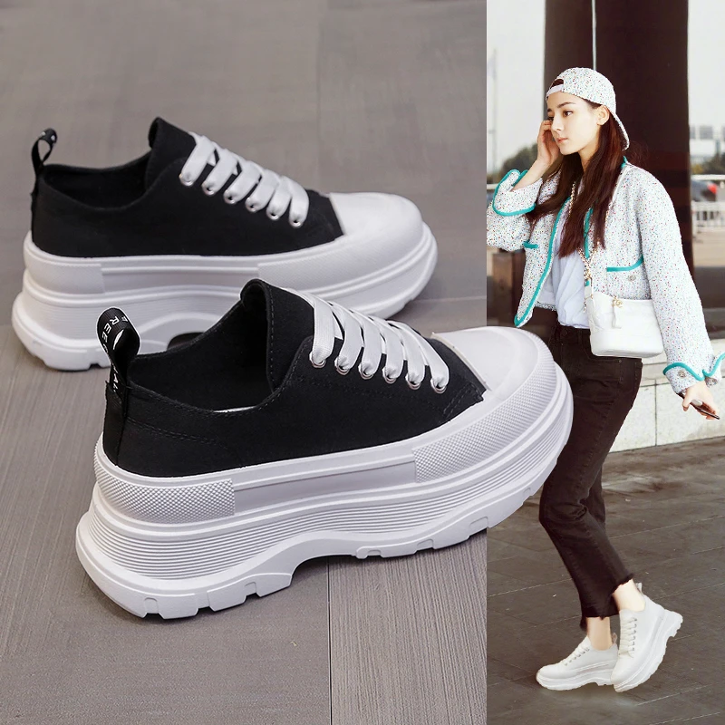 Canvas Shoes Woman Lace-Up Short Platform Boots Ankle Sneakers Girls Street Height Increase Shoes Canvas Breathable Chunky Outdo