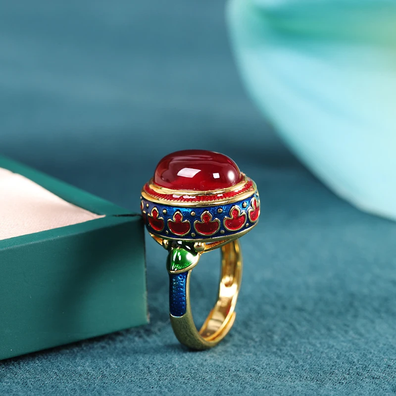 Original ancient gold craftsmanship natural carnelian rings for women flower enamel national style light luxury Wedding jewelry wedding rings golden ring gold rings