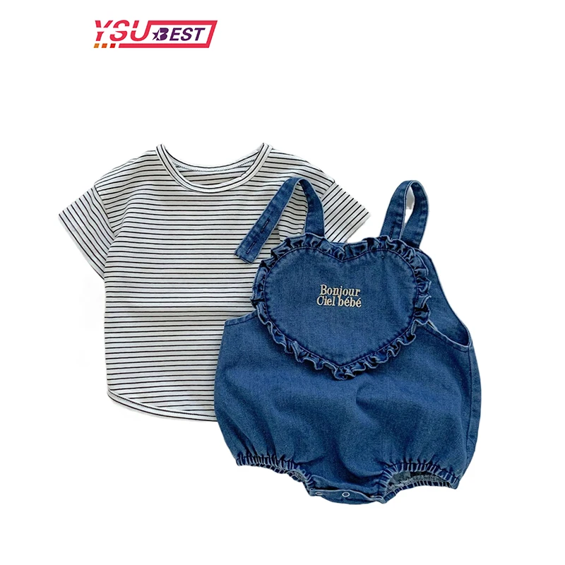 

Korean Style Baby Summer Clothing Newborn Boys Girls Soft Denim Strap Jumpsuit Baby Cute Bodysuits Striped Short Sleeve T- Shirt