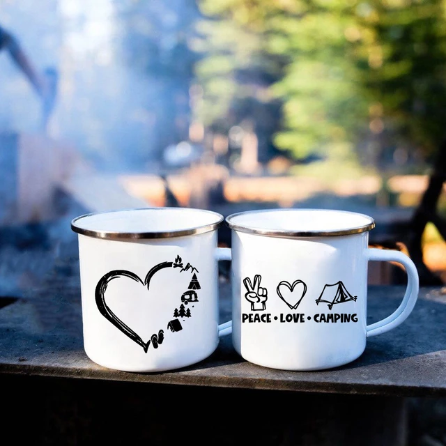 Peace Love Camp Print Coffee Mug Outdoor Travel Enamel Mugs Camping Picnic  Campfire Party Drink Beer