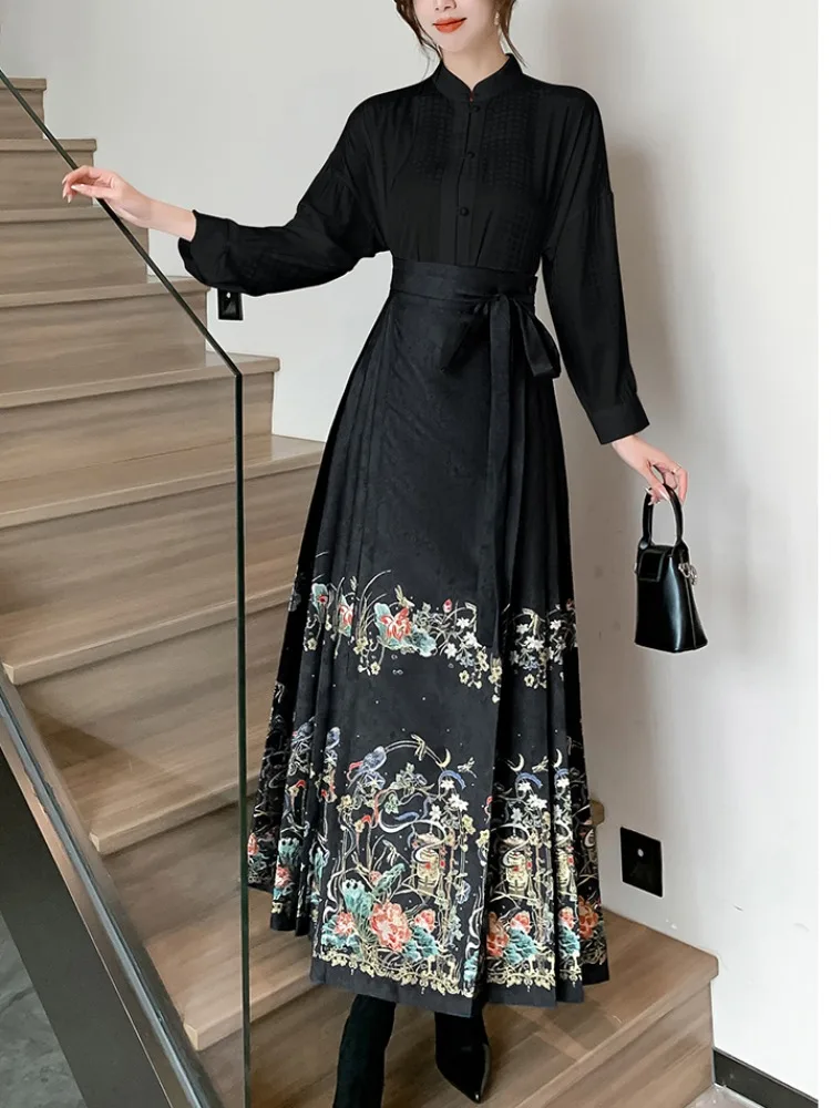 Chinese Style Improved Horse-Face Skirt Autumn and Winter New Elegant Women Clothes National Style Daily Commuter Midi Skirts