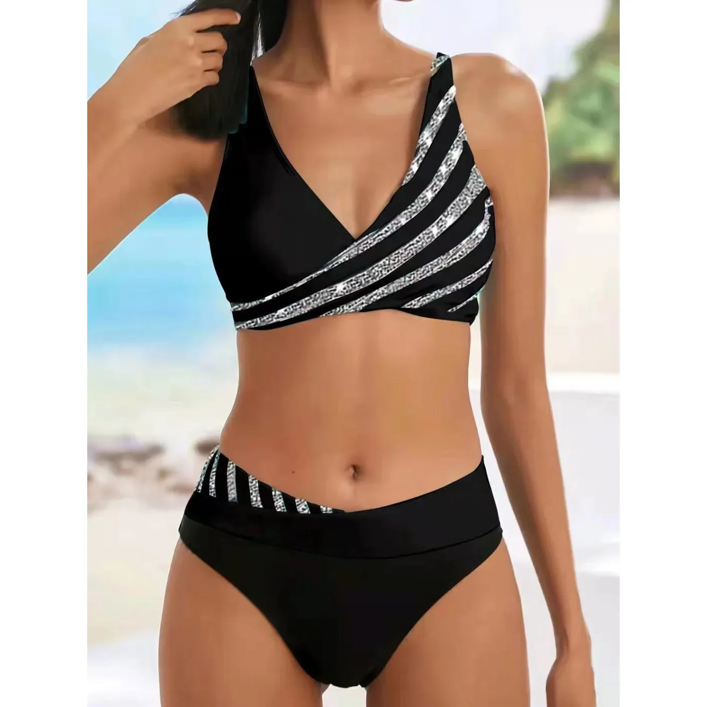Bikini Swimsuit New Summer Beach Women's Bikini Two Piece Swimsuit Shining Diagonal Rod Print Holiday Lace Up Beach Swimsuit S-5XL