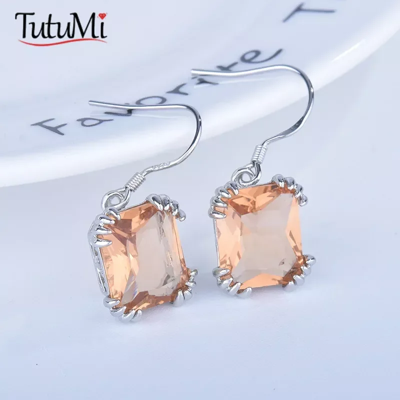 

Women's Jewelry S925 Silver Ring Classic Square Crystal Drop Earrings Sparkling Blue Zircon Wedding Earrings