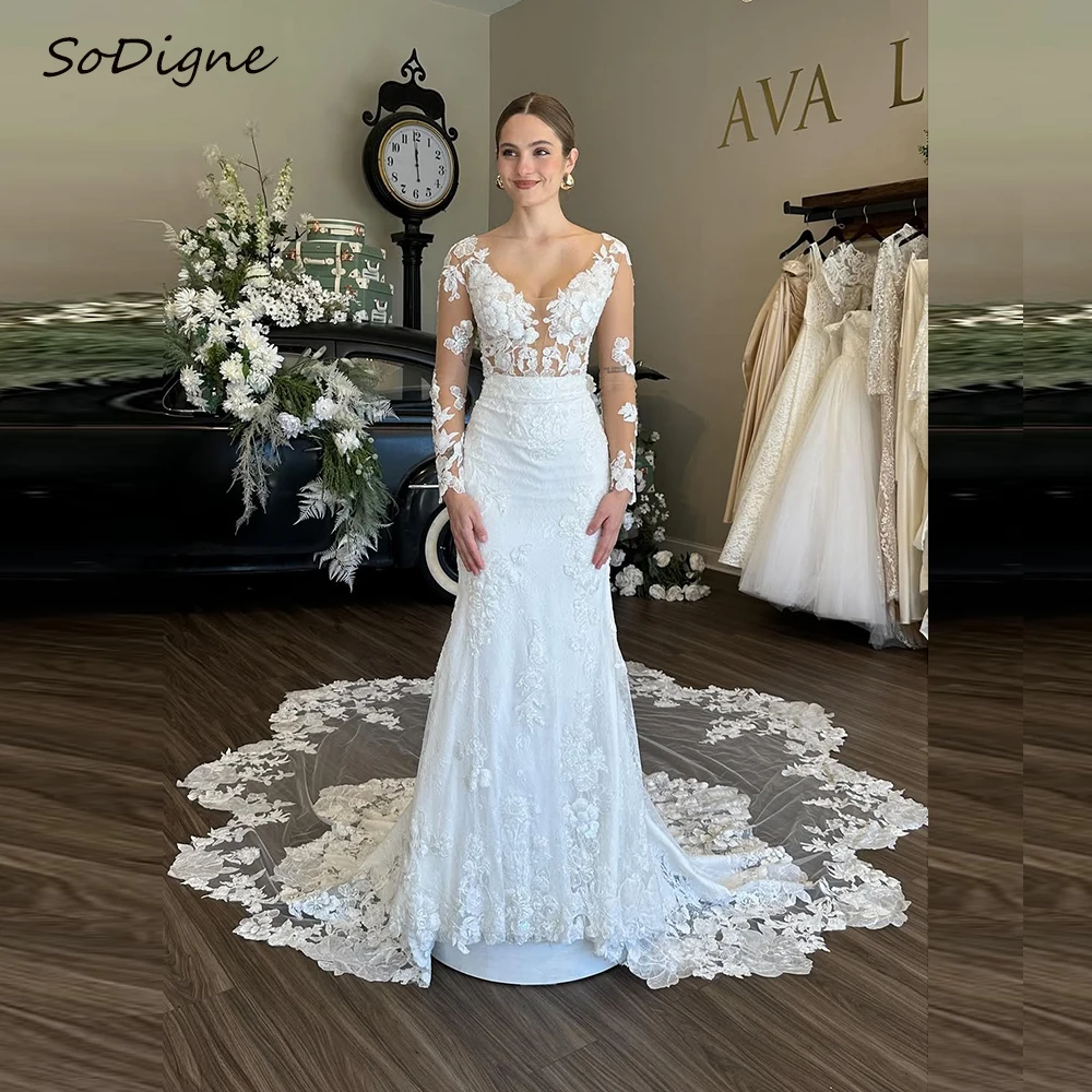 SoDigne Mermaid Boho Wedding Dresses V-neck Full Sleeves Tulle Appliques Bridal Dress Wedding Gown Robe De Mairee Customized 12 Sf73c411951b74c99a44067b72f667816M