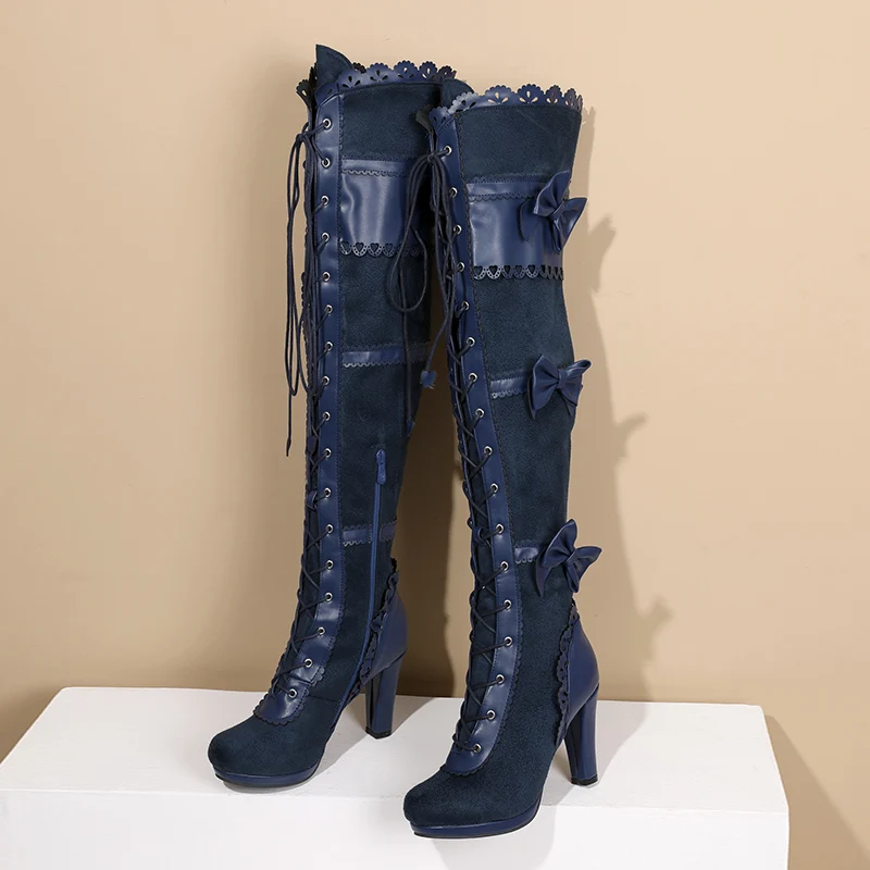 

Lace Ruffe Design Bowtie Knot Cosplay Lolita Girl High Heels Overknees Lace-up Cross-tied Winter Shoes Women Over-the-knee Boots