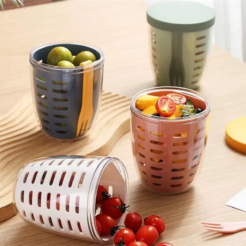 

Double Layer Drain Fruit Cup with Fork Sealed Leak-proof Salad Storage Cup, Home Kitchen Water Bottle, 501-600ml