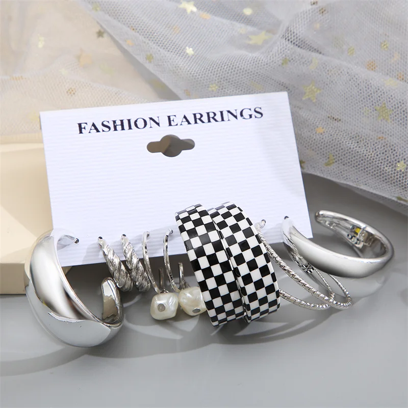 Colorful Earring Set For Women Butterfly Heart Circle Pearl Drop Earring Set Checkerboard Metal Long Tassel Party Jewelry