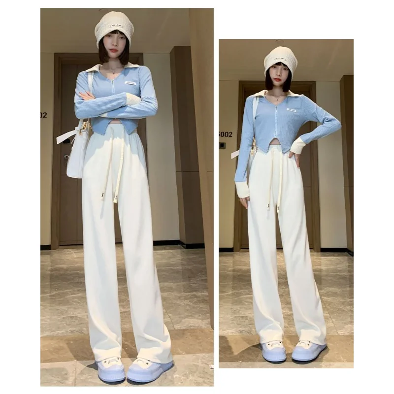 2023 Spring Autumn Winter New Grey Knitted Wide Leg Women Casual Pants High Waist Straight Tube Floor Sweeping Pants