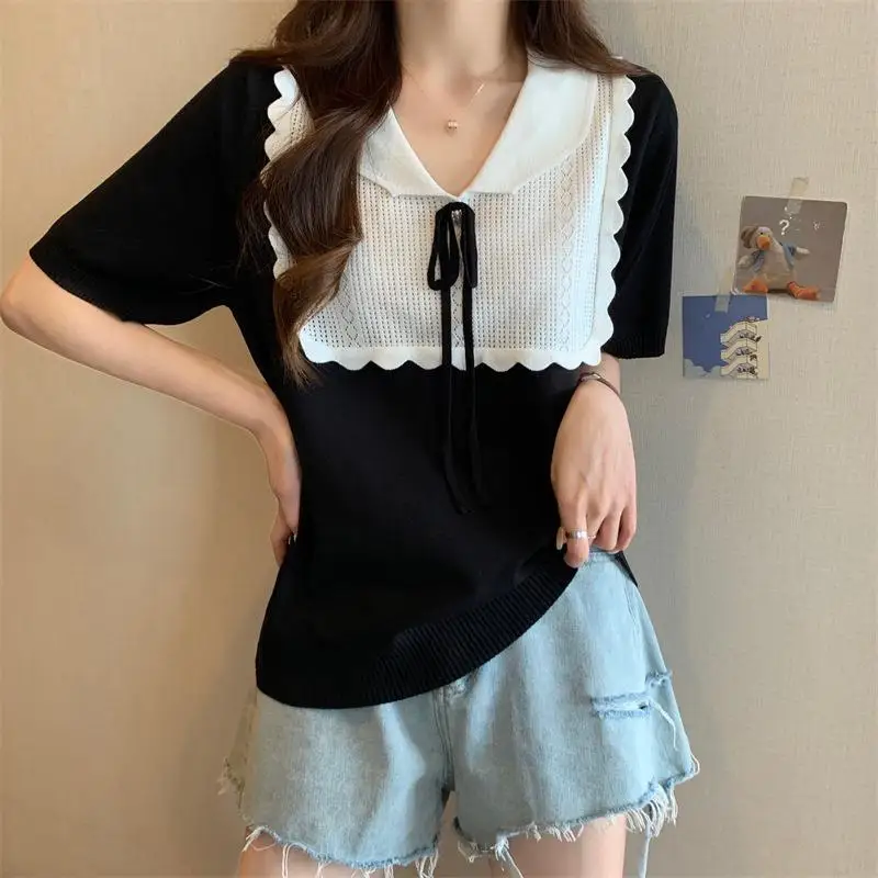 

Women Bow Knitted Sweater Vintage Short Sleeve Fashion Collar Summer Causal Black White Patchwork Pullover Slim Knitwear Tops