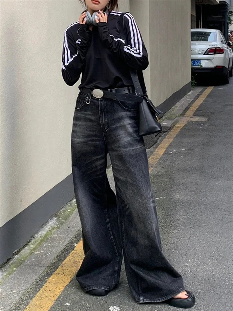 QWEEK Y2K Vintage Black Baggy Jeans Women Streetwear Grunge Oversized Wide Leg Denim Pants Harajuku Retro 90s Basic Trousers