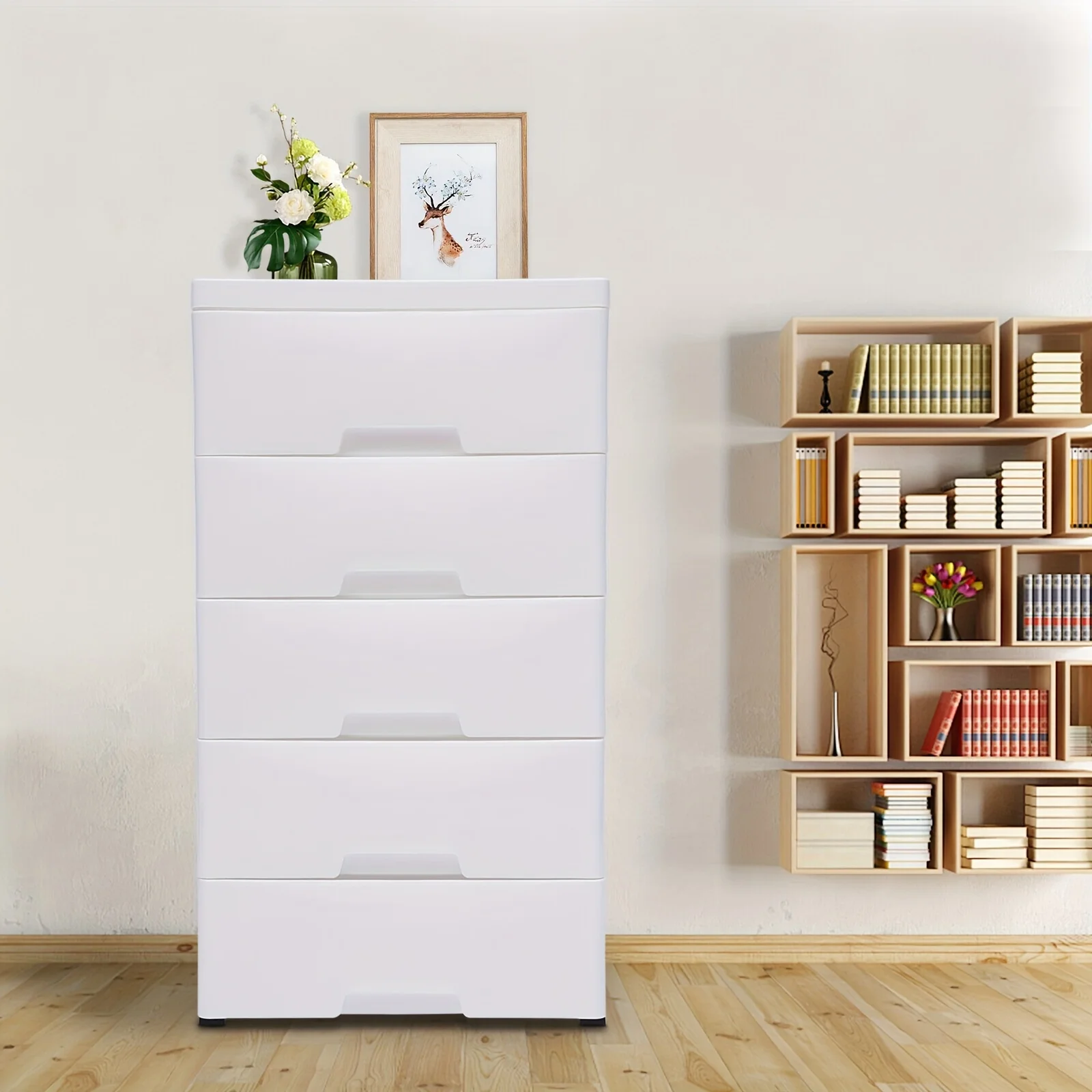 

1pc Storage Cabinet, Modern White Wooden Dresser Storage Tower, Large Capacity Space-Saving 5-Drawer Storage Holder, For Bedroom