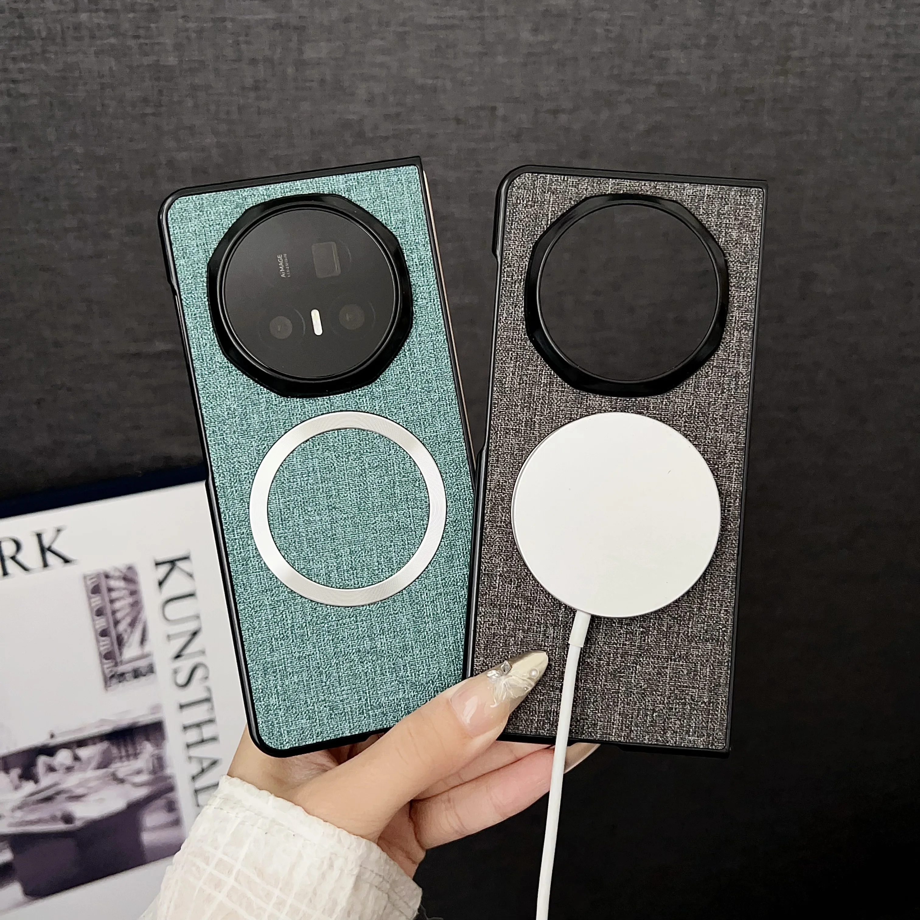 Luxury PU Cloth Magnetic Wireless Charging Protective Back Cover Case for Huawei Honor Magic V5