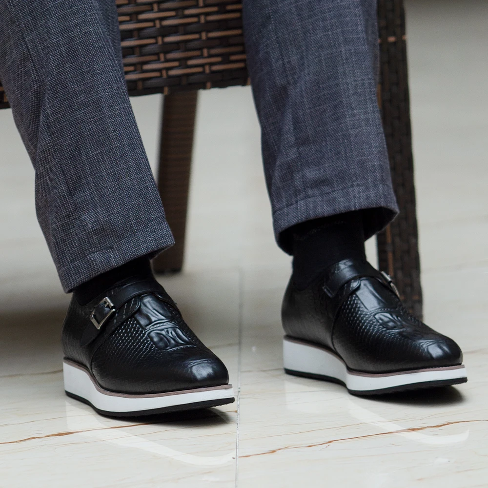 Mens Casual Shoes Genuine Leather Crocodile Pattern Classic Shoe for Men Leather Original Fashion Buckle Monk Strap Sneakers