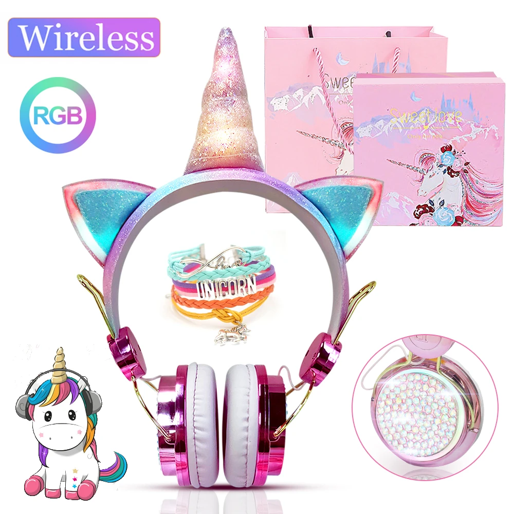 Wireless Bluetooth Headset Glow Light Unicorn Headphones For Children's