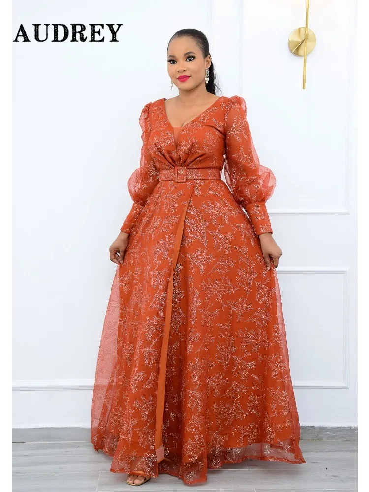 

Plus Size African Women Dresses Elegant Vintage Print V-neck Long Sleeve Belt High Waist Slit Ladies Evening Party Mixi Dress