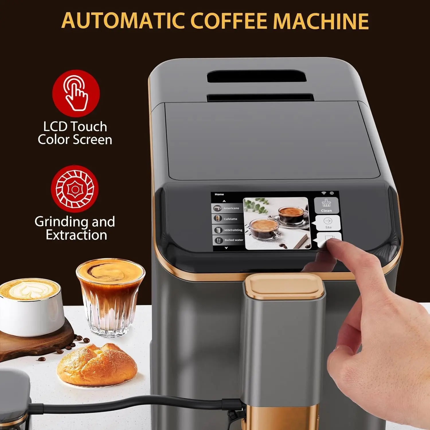 Grey Gold Fully Automatic Espresso Machine, 20 Bar Coffee Machine with Grinder & Automatic Milk Frother, One-Touch Control Panel