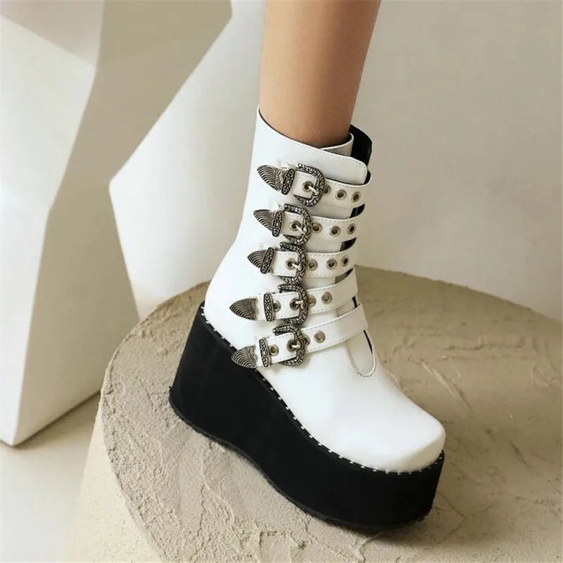 Brand Design Big Size46 Black Gothic Style Cool Punk Motorcycles Boots Female Platform Wedges High Heels Short Boots Women Shoes