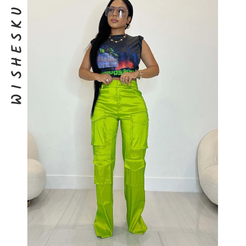 Sexy Neon Green Cargo Pants Women High Waist Pocket Wide Leg