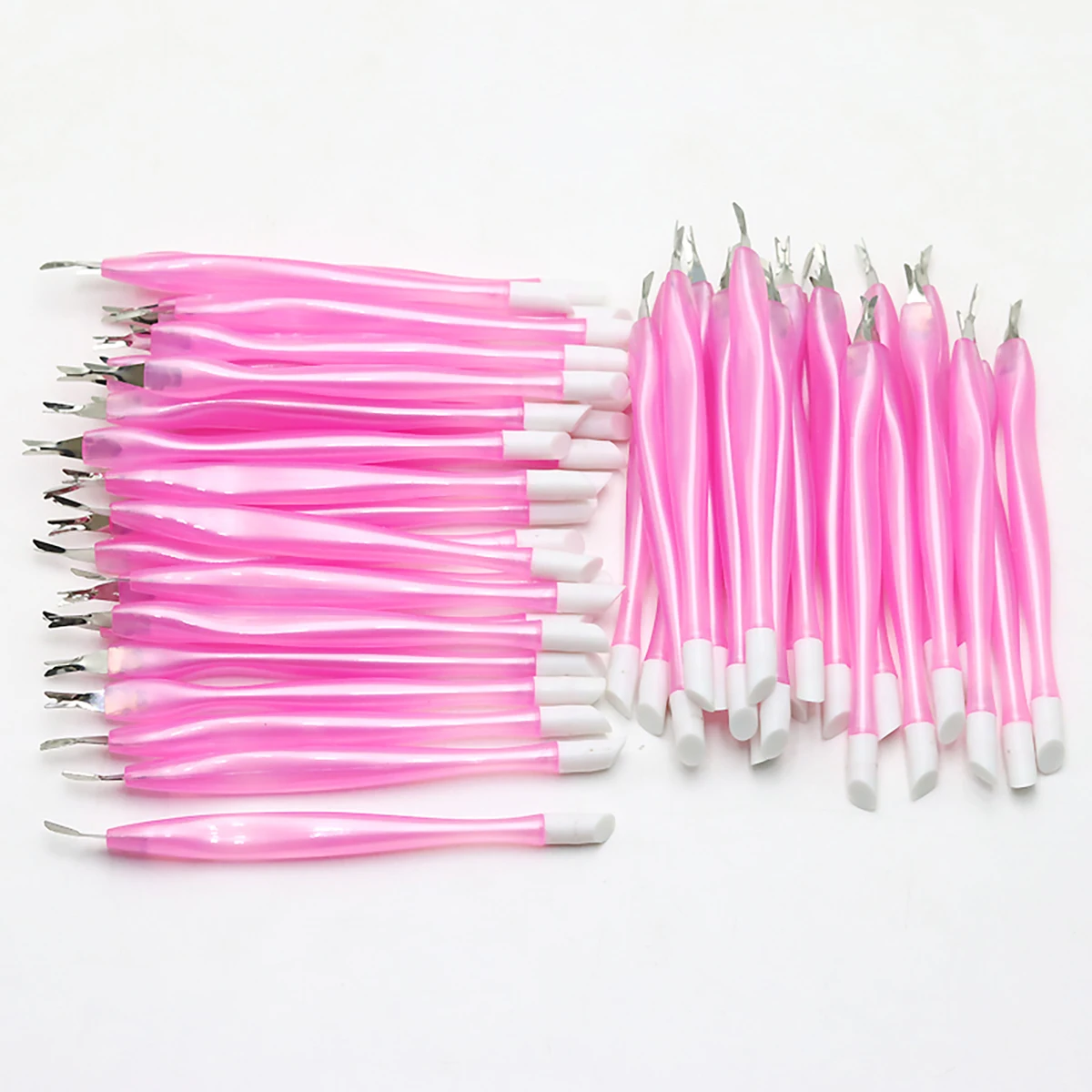Double End Soft Nail Cuticle Pusher Dead Skin Fork Stainless Steel Pink Plastic Handle PedicureTools Professional Manicure 10Pcs
