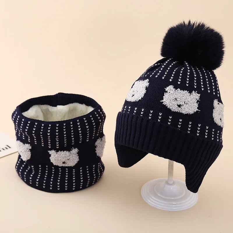 Winter Boys' Cartoon Jacquard Little Bear Knitted Hat Scarf Two Piece Set Children's Warm Velvet Ear Protection Hat