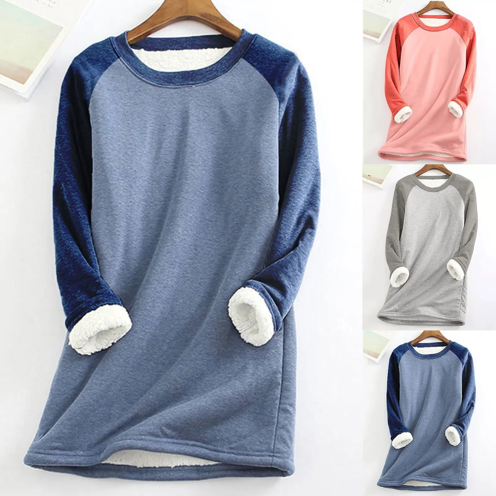 

Vintage Solid Thick Fleece Blouse Shirts Women Autumn Winter Fashion O-neck Long Sleeve Pullover Tops Ladies Casual Loose Blusas