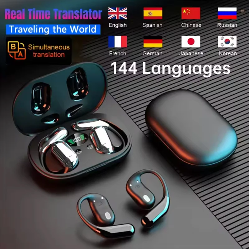 AI translation headset shown with charging case