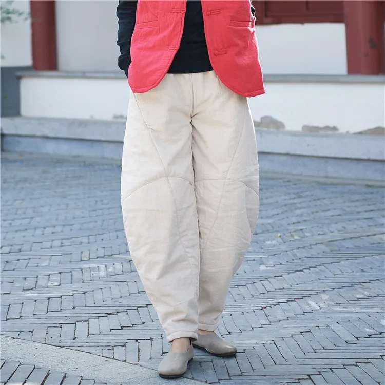

2023 Women Winter Vintage Pants Casual Solid Cotton Warm Cotton-padded Trousers for Women Elastic Waist Patchwork Causal Pants
