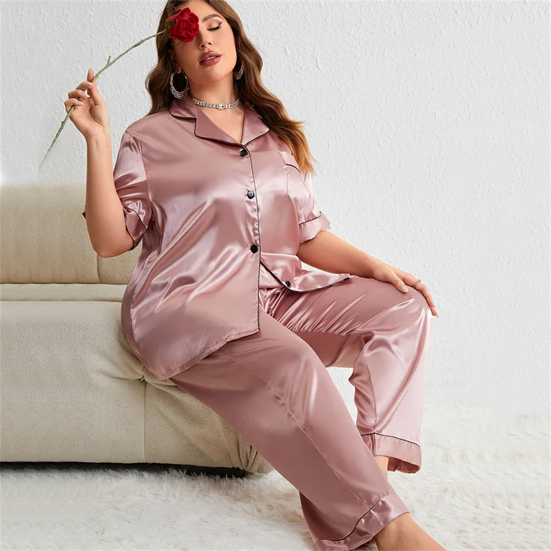 

Summer Fashionable Women Silk Sleepwear Set Personalized Satin Casual Thin Loose Tops Long Pants Home Wear