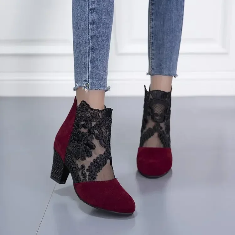 Women's Lace Heeled Shoes Fashion Ladies Roman Sandals Breathable Ladies Shoes Elegant Ladies Pumps New Mesh Sandalias De Tacón 2