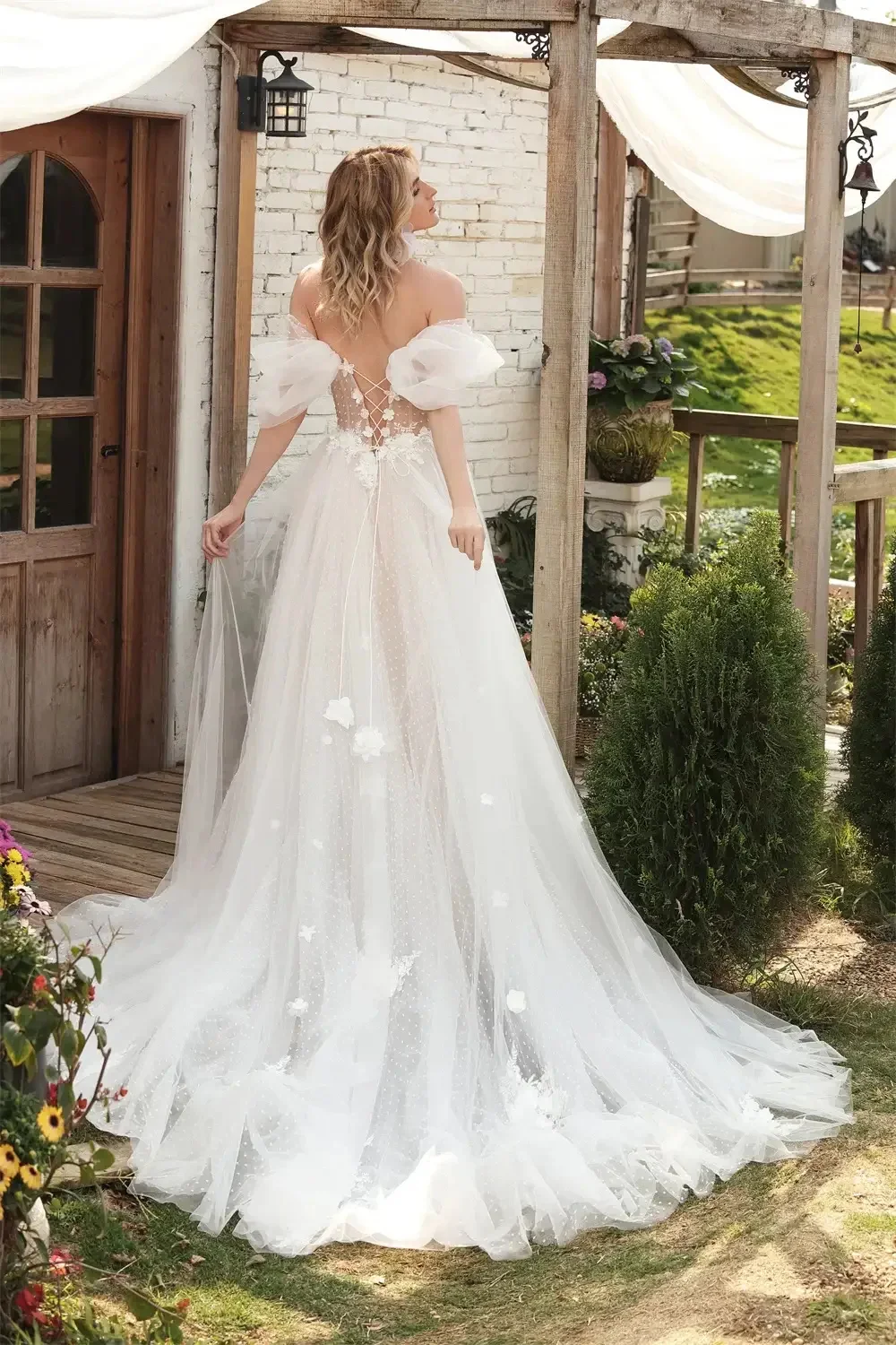 Maßgeschneiderte Elegante Rückenfreie Brautkleider mit Spitzenapplikationen A-Linie 2026 Schulterfreie Hochzeitskleider mit Hohem Schlitz Vestido De Noiva – Detail 4