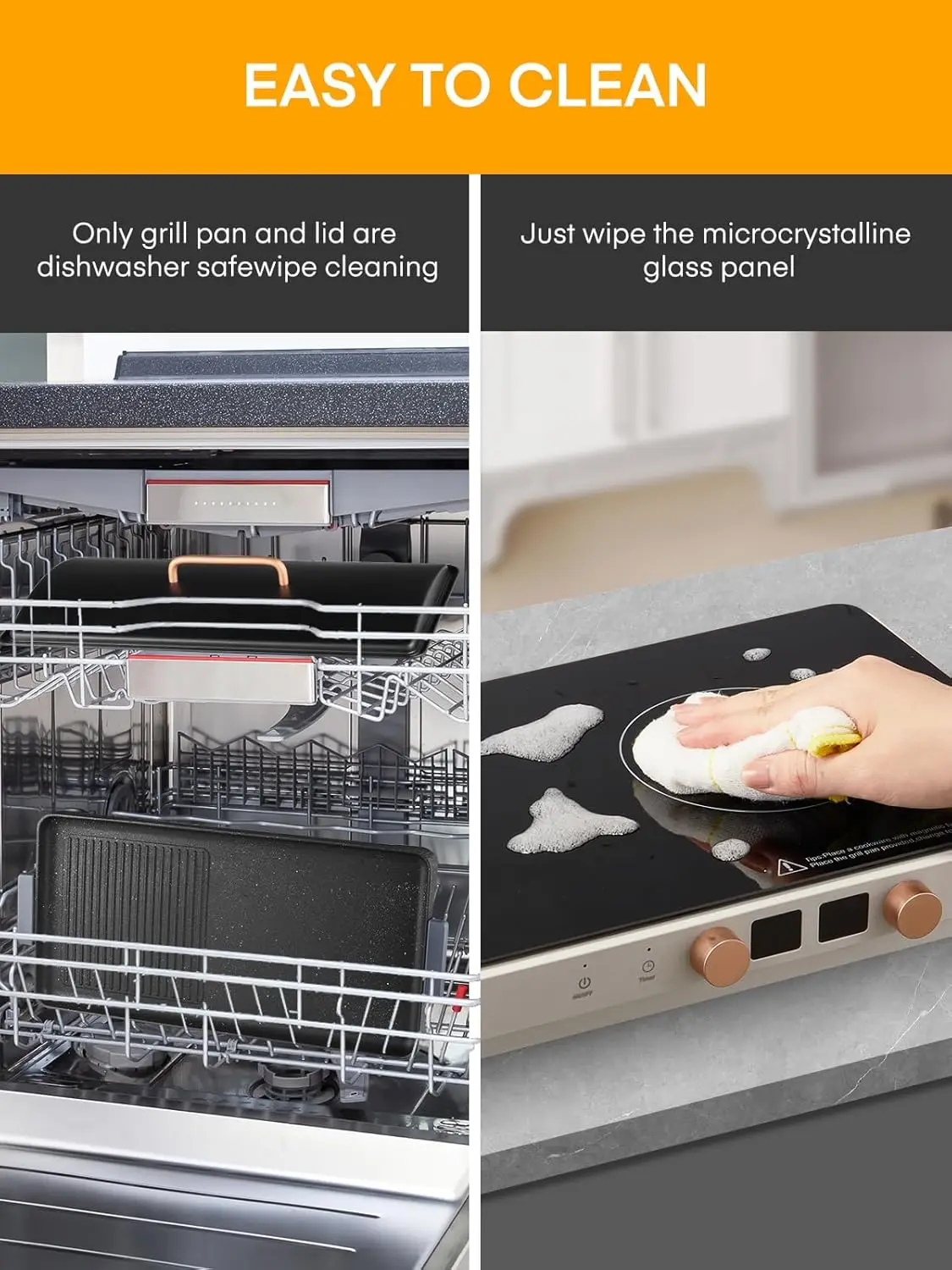 Cooktop 2 Burners, Double Induction Hot Plate with Removable Iron Cast Griddle Pan Non-stick, Independent Temperature Control,To 5