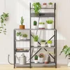 JAMFLY Bakers Rack with Power Outlet, Microwave Stand, kitchen Storage Shelf with 6 Hooks, Coffee Bar Station with Wire Basket, 6
