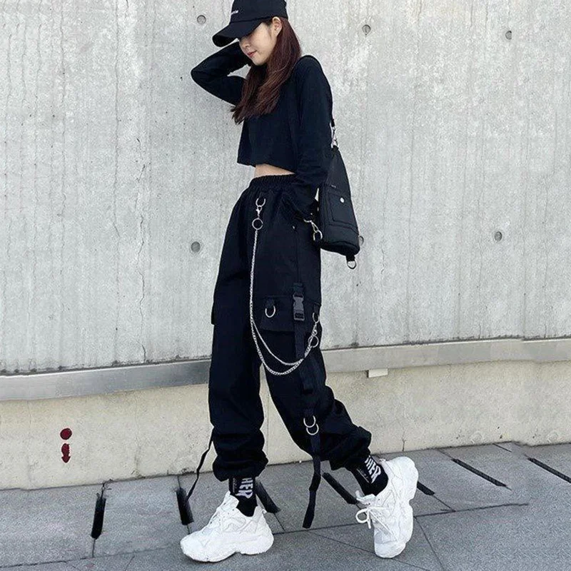 Cargo Pant  With Chain Pockets Elastics High Wais Black Jogger Trousers Summer Hot Punk Harajuku Streetwear Woman Pants women's clothing