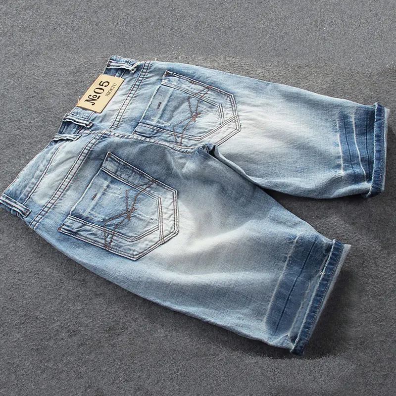 Summer Fashion Designer Men Jeans Shorts Retro Light Blue Vintage Hole Ripped Short Jeans Men Casual Cotton Denim Shorts Hombre