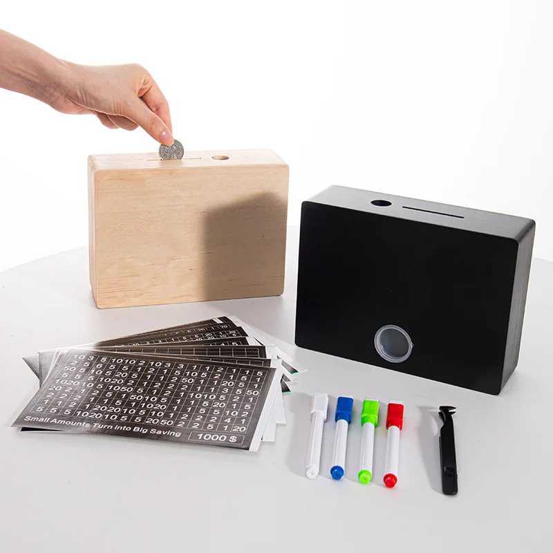 Wooden Piggy Bank Money Saving Box Cash Vault Wooden Savings Challenge Boxes 1000/2000/3000/5000/10000 Euro Money Savings Goal