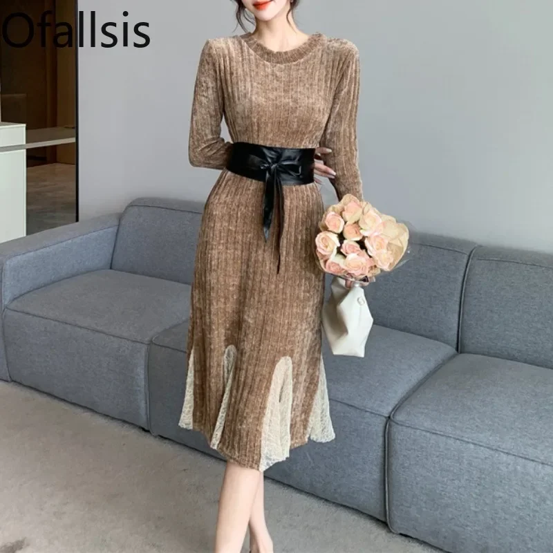 

Женское трикотажное платье-годе Ofallsis, облегающее кружевное платье средней длины с круглым вырезом, приталенное, Осень-зима 2023