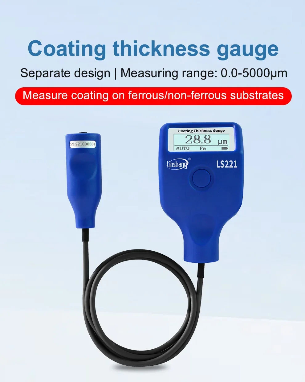 Thickness Meter LS221 Coating Gauge Mil Gage Dry Film 0-5000μm for Ferrous Non-f