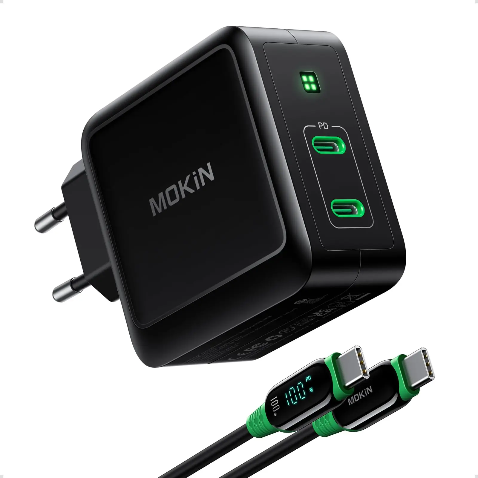 

MOKiN 100W USB C GaN Charger MacBook Pro Charger 2 Port Type-C Wall Charger Foldable Power Adapter with 4ft C to C LED Cable