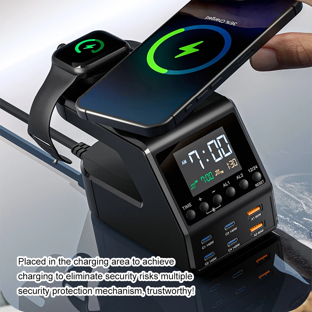 240W Charger Station All-in-one Digital Clock Alarm 4×140W PD3.1 PPS USB Type C Wireless Fast Charger for MacBook iPhone Samsung