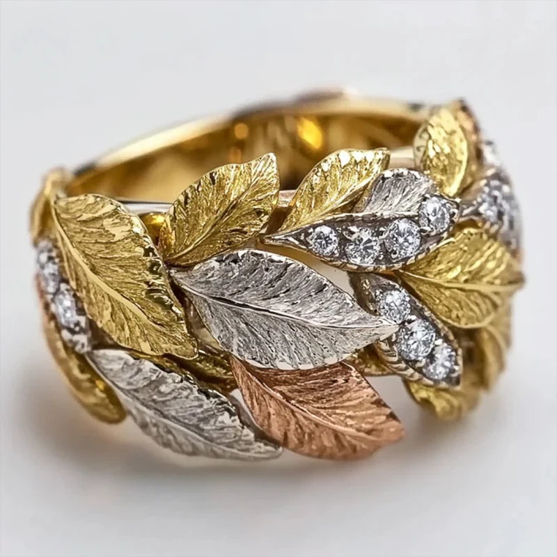 Huitan Three-tone Leaf Design Finger Rings for Women Inlaid Dazzling Cubic Zirconia New Fashion Wedding Band Luxury Lady Jewelry Sf73e168f0c9343a2988726ab28526712W